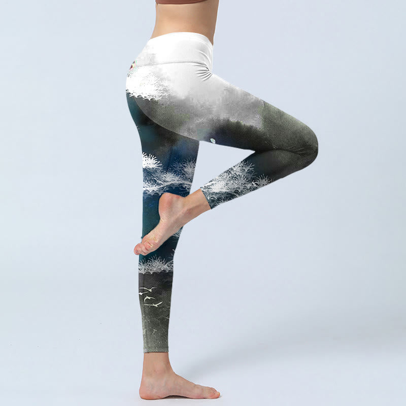 Buddha Stones Ink Painting Pine Tree Print Gym Leggings Women's Yoga Pants