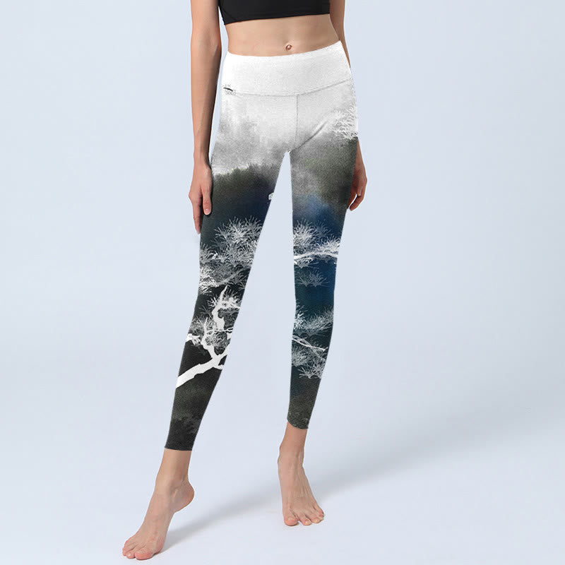 Buddha Stones Ink Painting Pine Tree Print Gym Leggings Women's Yoga Pants - image 5