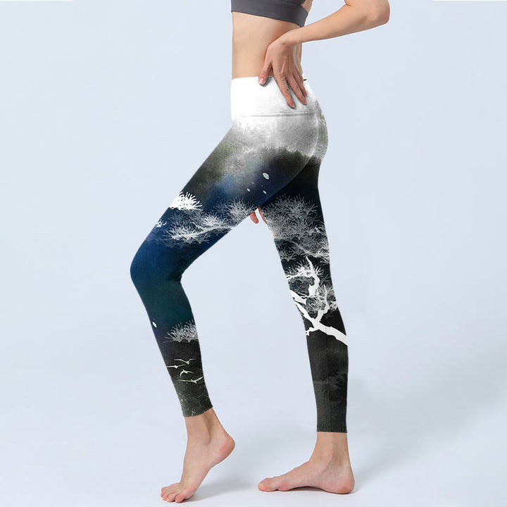 Buddha Stones Ink Painting Pine Tree Print Gym Leggings Women's Yoga Pants