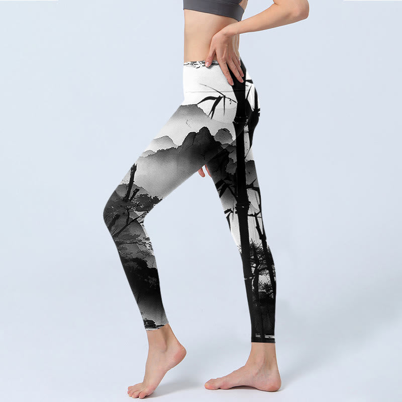 Buddha Stones Ink Painting Bamboo Pine Mountain Scenery Print Gym Leggings Women's Yoga Pants