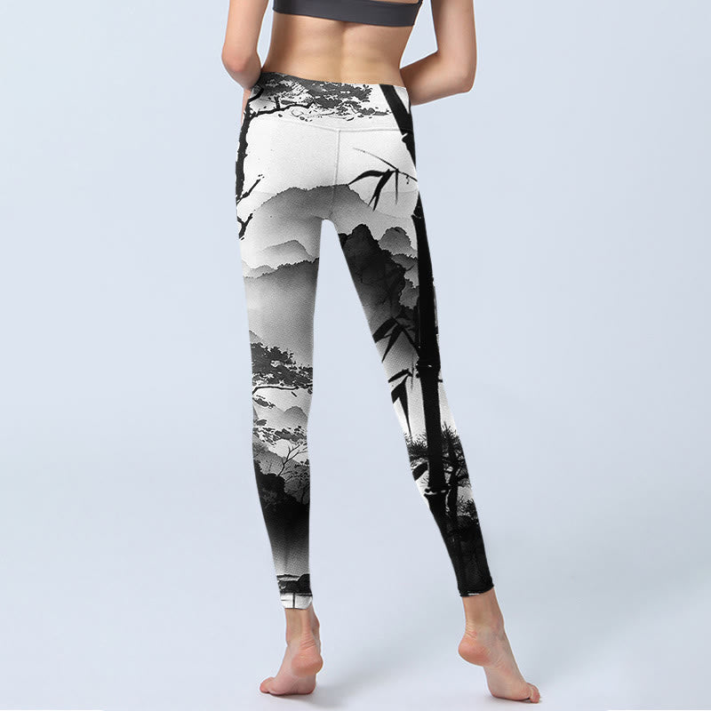 Buddha Stones Ink Painting Bamboo Pine Mountain Scenery Print Gym Leggings Women's Yoga Pants