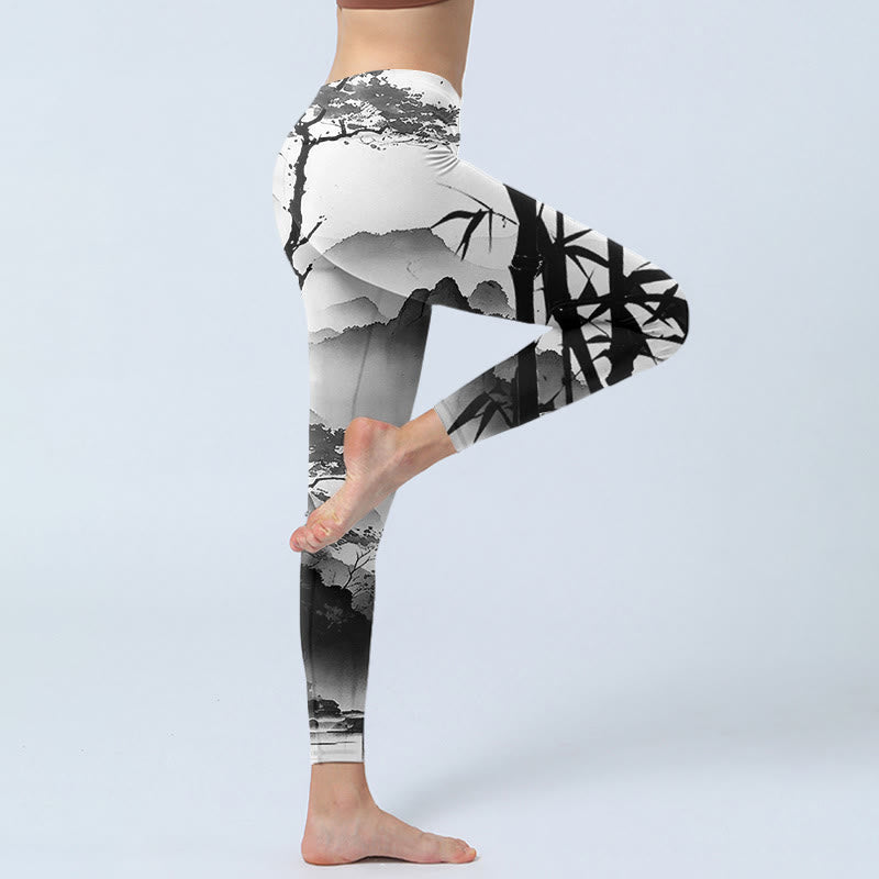 Buddha Stones Ink Painting Bamboo Pine Mountain Scenery Print Gym Leggings Women's Yoga Pants