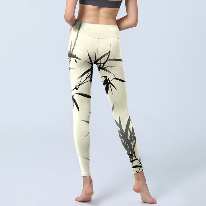 Buddha Stones Ink Painting Bamboo Leaves Print Sports Leggings Women's Yoga Pants - image 6