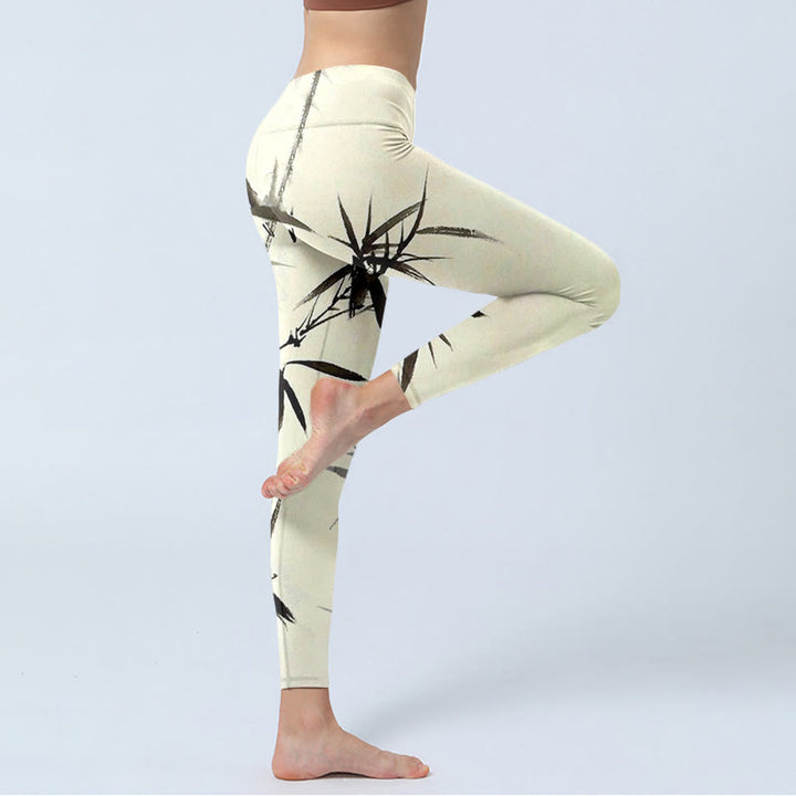 Buddha Stones Ink Painting Bamboo Leaves Print Sports Leggings Women's Yoga Pants - image 2