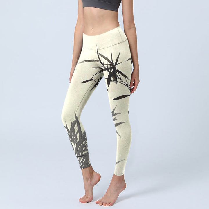 Buddha Stones Ink Painting Bamboo Leaves Print Sports Leggings Women's Yoga Pants - Cornsilk - US18，UK/AU22，EU50 (4XL) - image 0