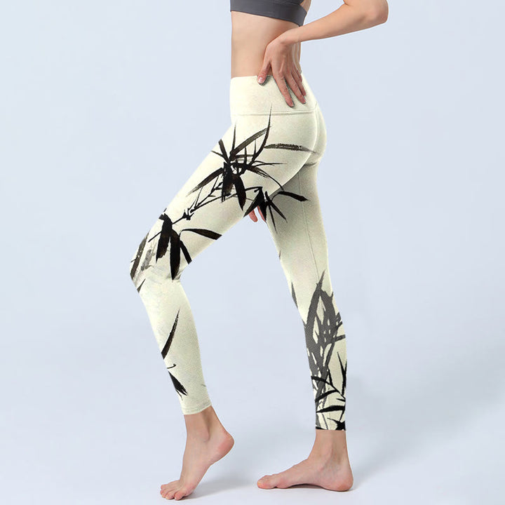 Buddha Stones Ink Painting Bamboo Leaves Print Sports Leggings Women's Yoga Pants