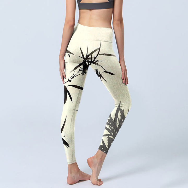 Buddha Stones Ink Painting Bamboo Leaves Print Sports Leggings Women's Yoga Pants