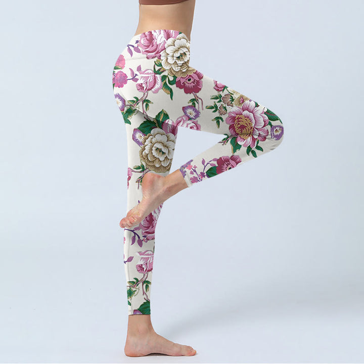 Buddha Stones Red White Peony Flower Print Sports Leggings Women's Yoga Pants