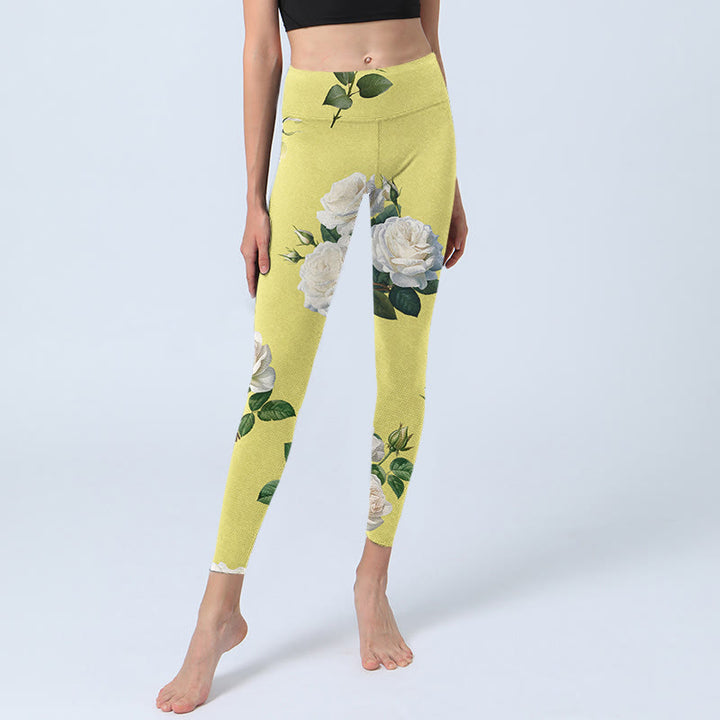 Buddha Stones Yellow White Rose Print Sports Leggings Women's Yoga Pants