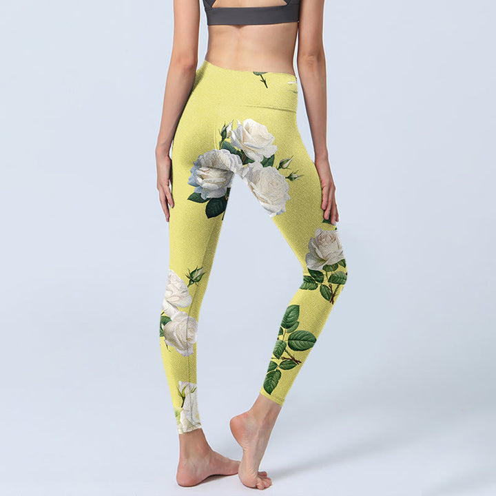 Buddha Stones Yellow White Rose Print Sports Leggings Women's Yoga Pants