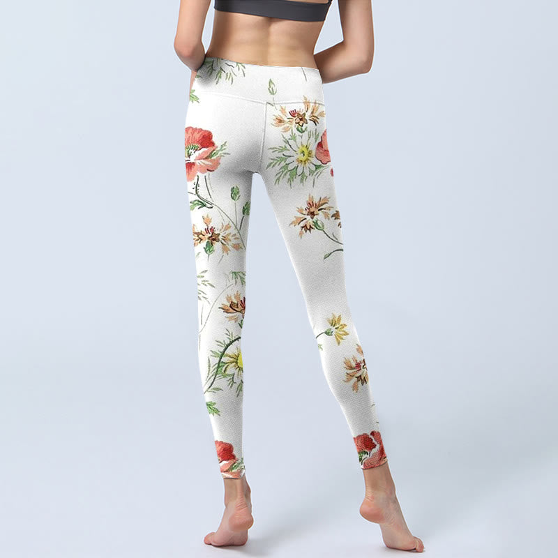 Buddha Stones White Daisy Red Flower Print Sports Leggings Women's Yoga Pants