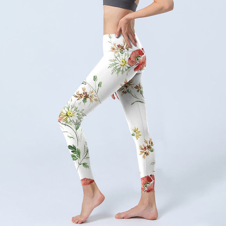 Buddha Stones White Daisy Red Flower Print Sports Leggings Women's Yoga Pants