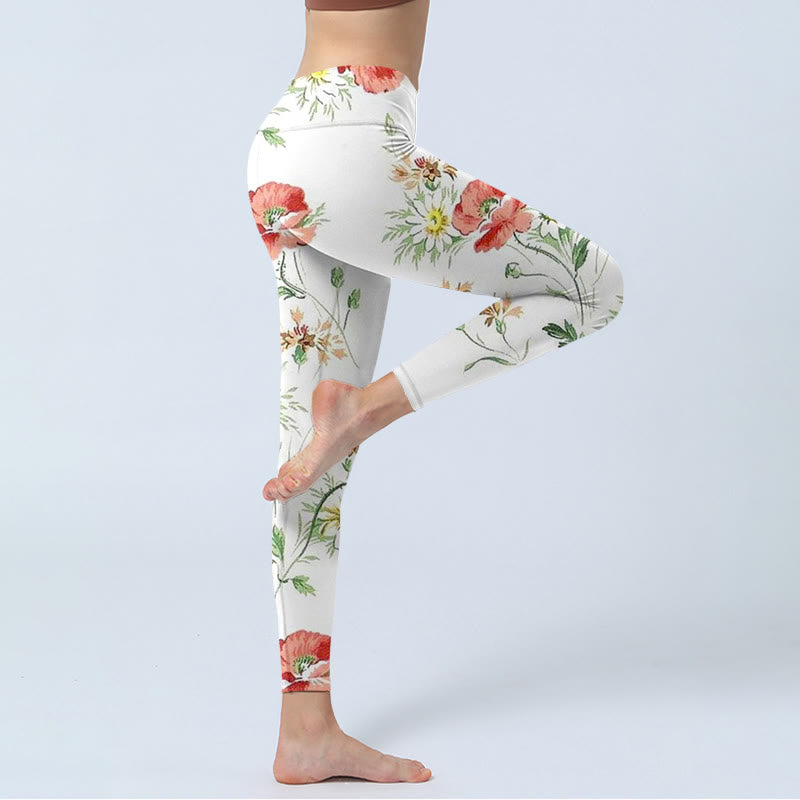 Buddha Stones White Daisy Red Flower Print Sports Leggings Women's Yoga Pants