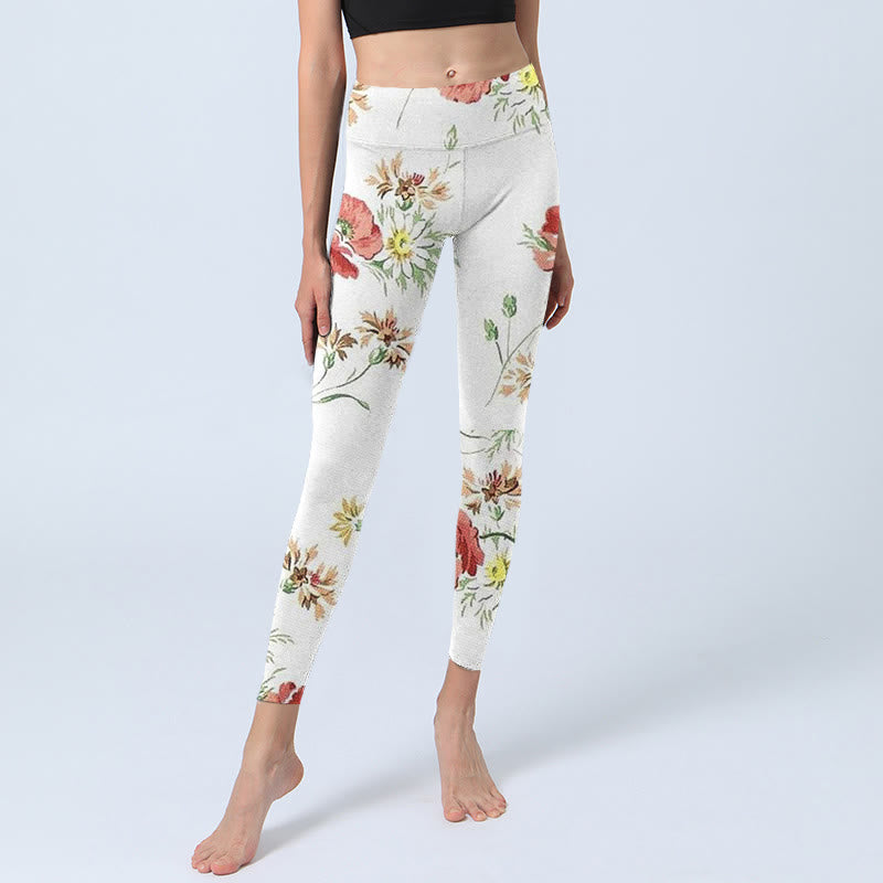 Buddha Stones White Daisy Red Flower Print Sports Leggings Women's Yoga Pants