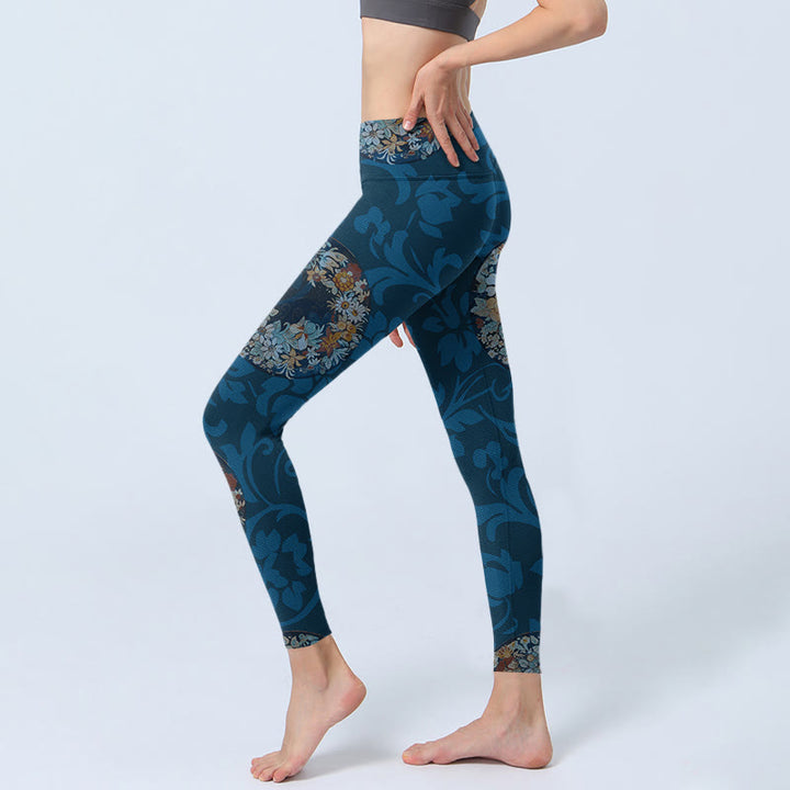 Buddha Stones Dark Blue Flowers In Bloom Print Sports Leggings Women's Yoga Pants - image 2