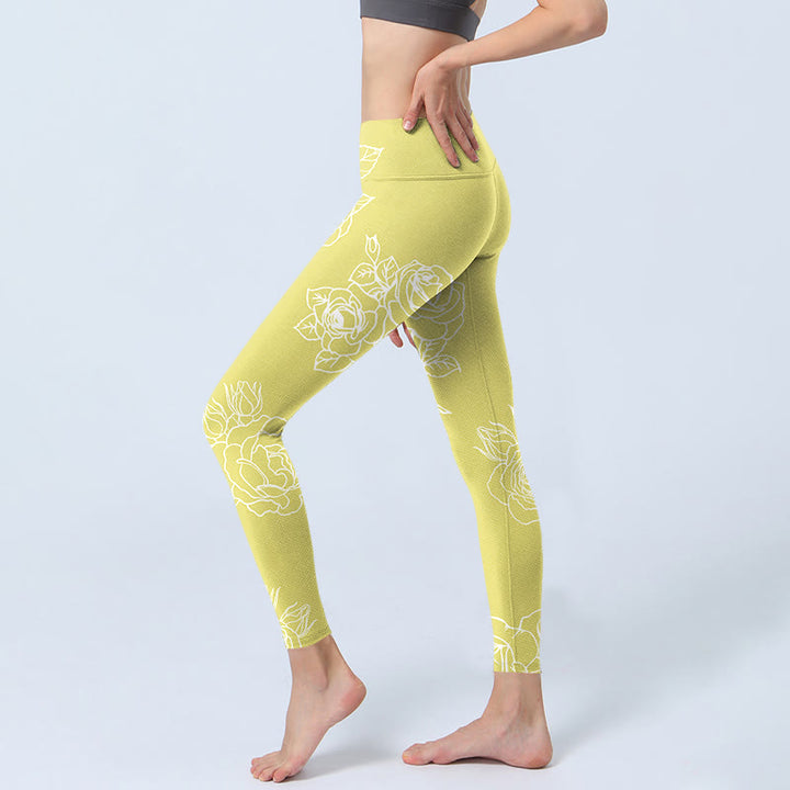 Buddha Stones Yellow Rose Print Fitness Leggings Women's Yoga Pants