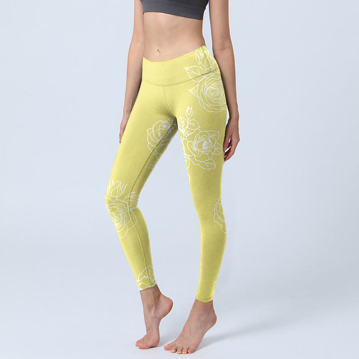 Buddha Stones Yellow Rose Print Fitness Leggings Women's Yoga Pants - LemonChiffon - US18，UK/AU22，EU50 (4XL) - image 0