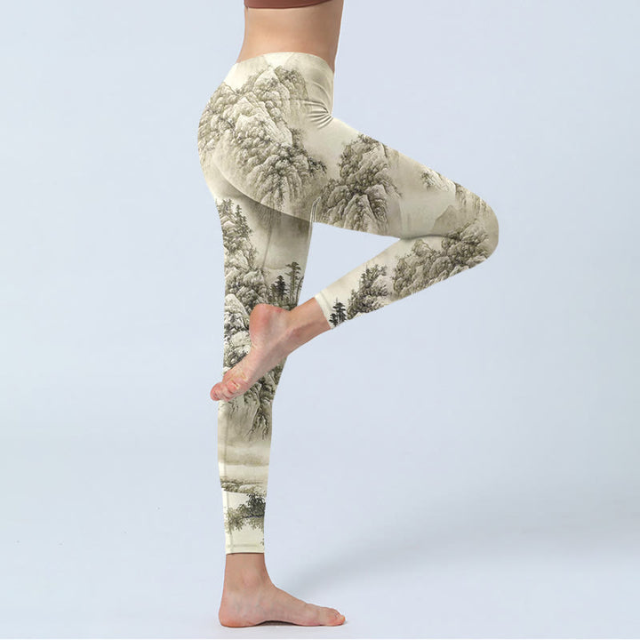 Buddha Stones Mountain Tree River Scenery Print Sports Leggings Women's Yoga Pants