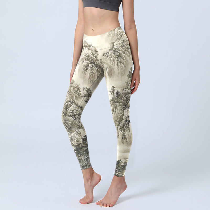 Buddha Stones Mountain Tree River Scenery Print Sports Leggings Women's Yoga Pants - Beige - US18，UK/AU22，EU50 (4XL) - image 0