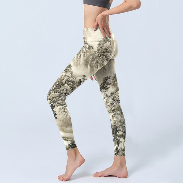 Buddha Stones Mountain Tree River Scenery Print Sports Leggings Women's Yoga Pants