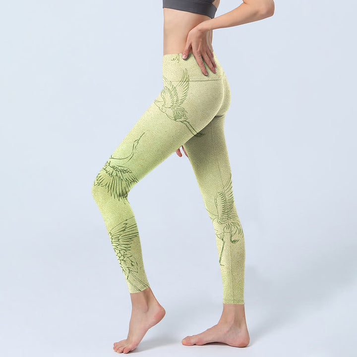 Buddha Stones Light Yellow Crane Print Sports Leggings Women's Yoga Pants