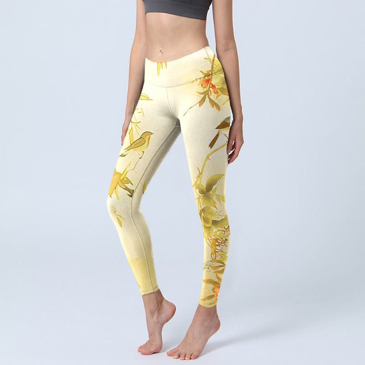 Buddha Stones Light Yellow Peony Flowers Birds Print Sports Leggings Women's Yoga Pants