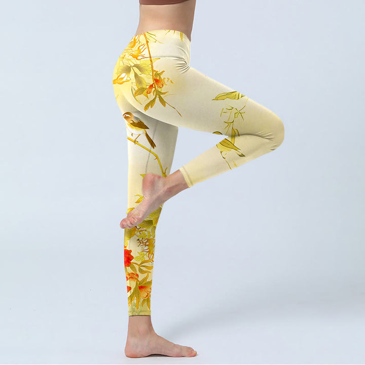 Buddha Stones Light Yellow Peony Flowers Birds Print Sports Leggings Women's Yoga Pants - image 3