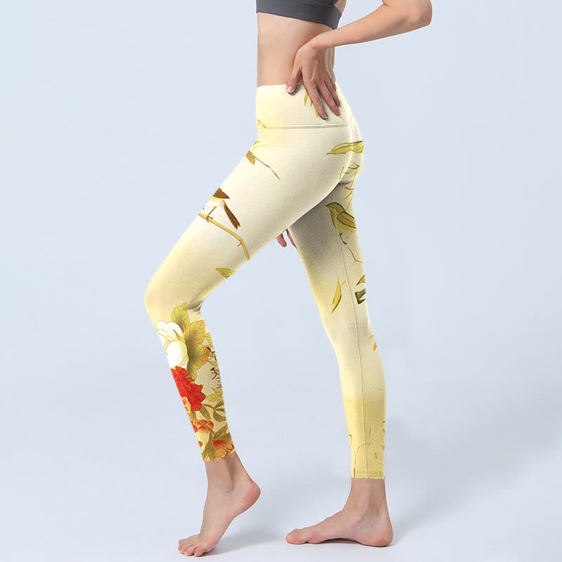 Buddha Stones Light Yellow Peony Flowers Birds Print Sports Leggings Women's Yoga Pants