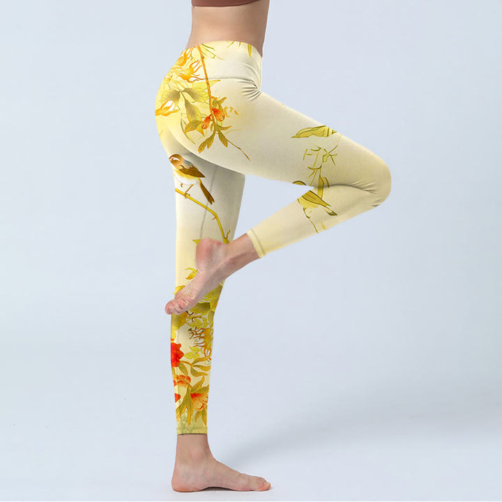 Buddha Stones Light Yellow Peony Flowers Birds Print Sports Leggings Women's Yoga Pants