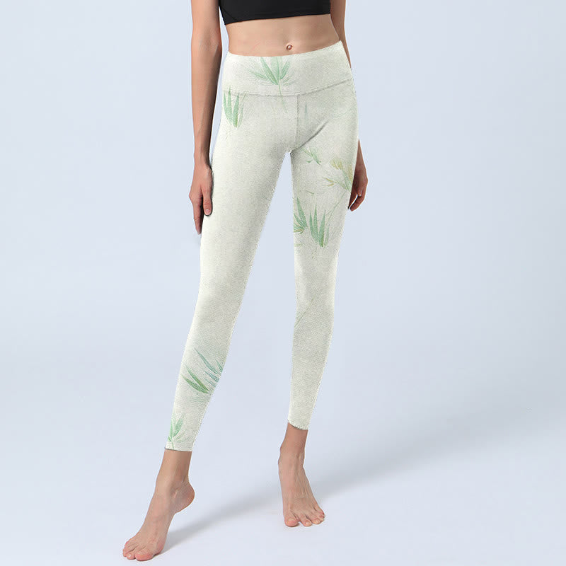 Buddha Stones Green Bamboo Leaves Print Sports Leggings Women's Yoga Pants