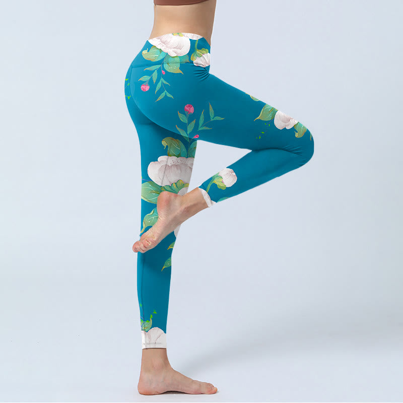 Buddha Stones Blue White Flowers Leaves Print Sports Leggings Women's Yoga Pants