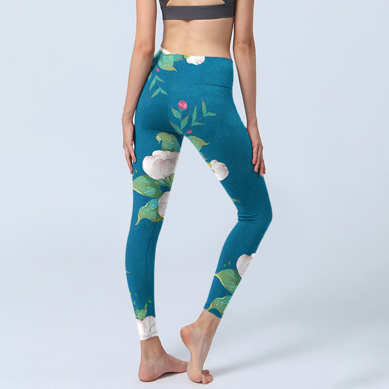 Buddha Stones Blue White Flowers Leaves Print Sports Leggings Women's Yoga Pants