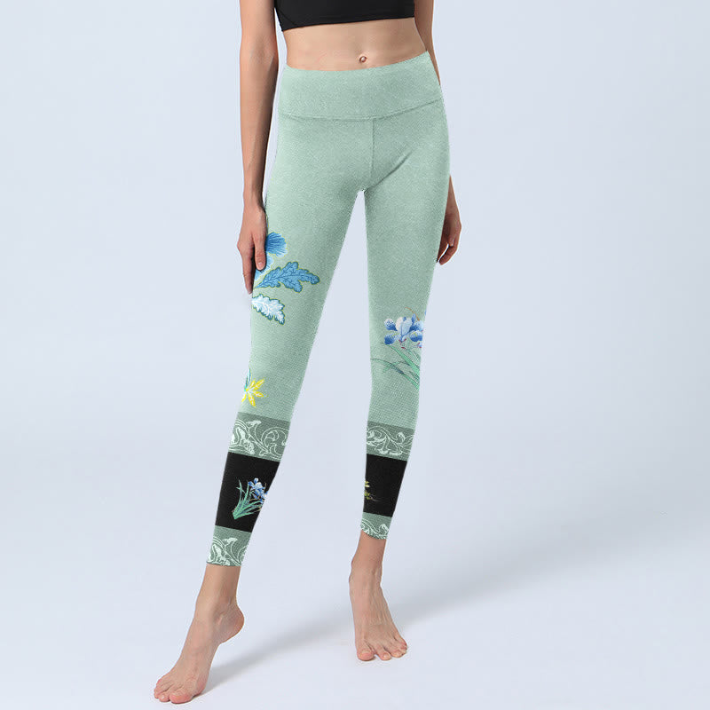 Buddha Stones Mint Green Blue Peony Butterfly Print Sports Leggings Women's Yoga Pants - image 6