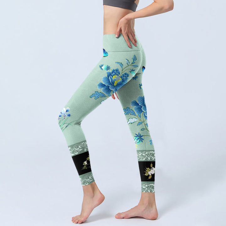 Buddha Stones Mint Green Blue Peony Butterfly Print Sports Leggings Women's Yoga Pants