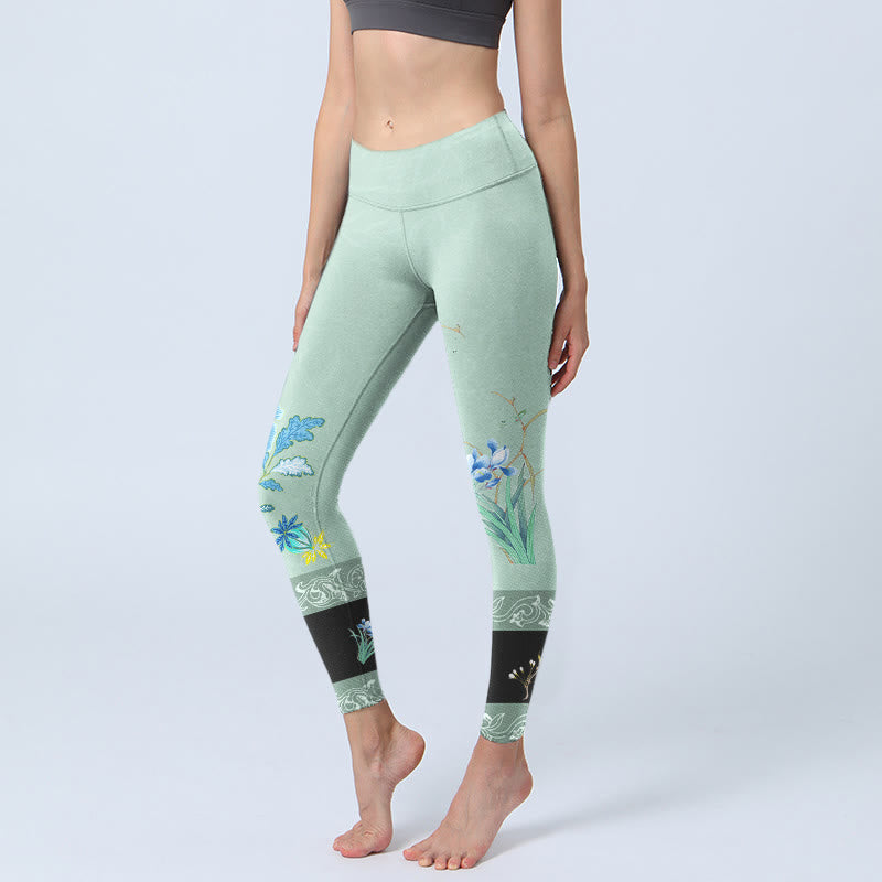 Buddha Stones Mint Green Blue Peony Butterfly Print Sports Leggings Women's Yoga Pants - Honeydew - US18，UK/AU22，EU50 (4XL) - image 1