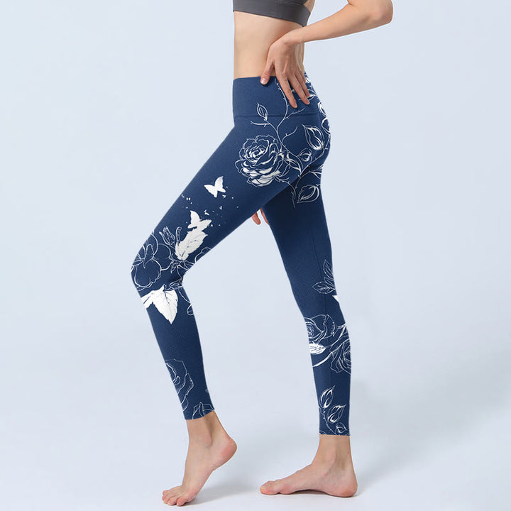 Buddha Stones Blue Rose Butterfly Print Sports Leggings Women's Yoga Pants - image 3