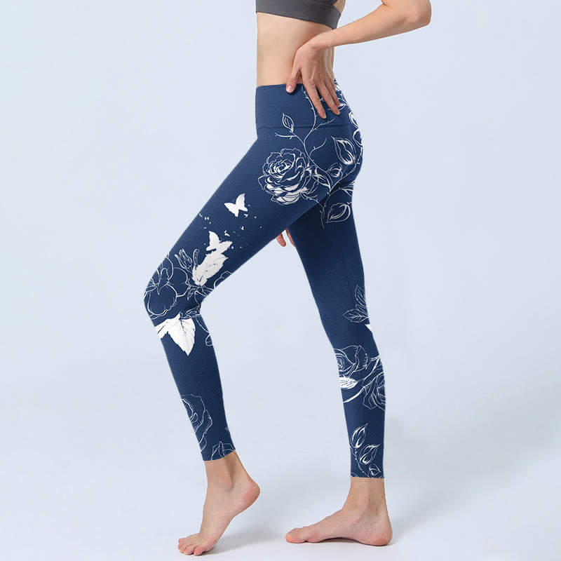 Buddha Stones Blue Rose Butterfly Print Sports Leggings Women's Yoga Pants