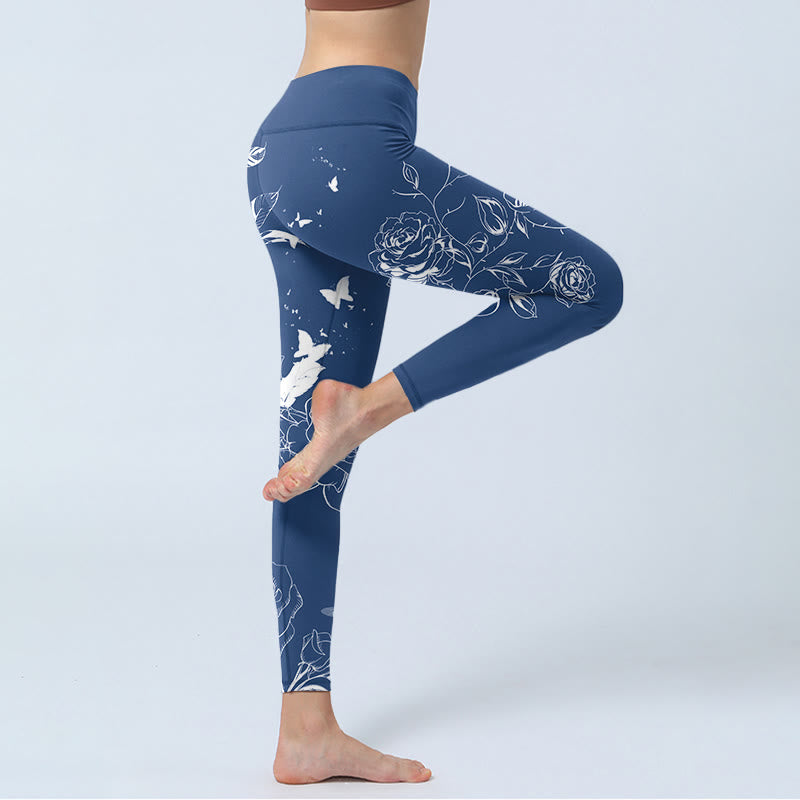 Buddha Stones Blue Rose Butterfly Print Sports Leggings Women's Yoga Pants