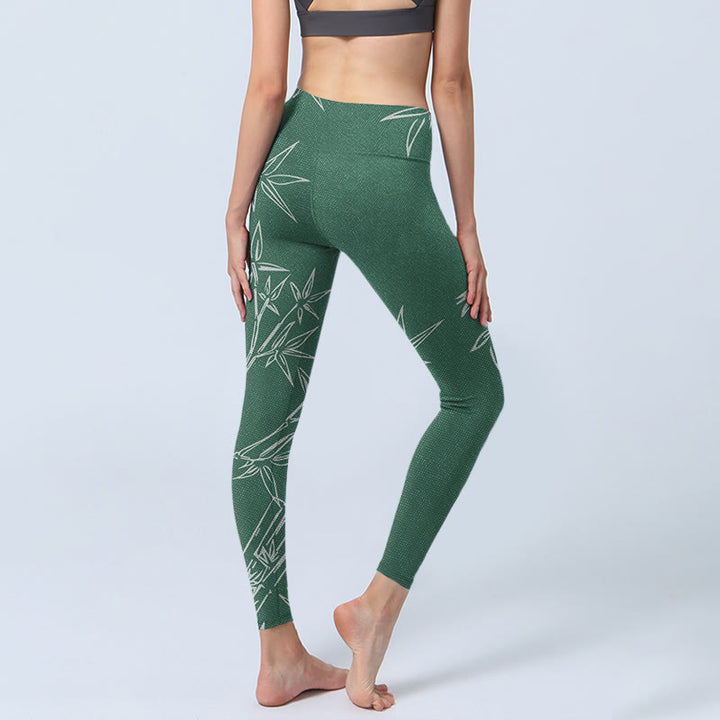 Buddha Stones Green White Bamboo Leaves Print Gym Leggings Women's Yoga Pants - image 4