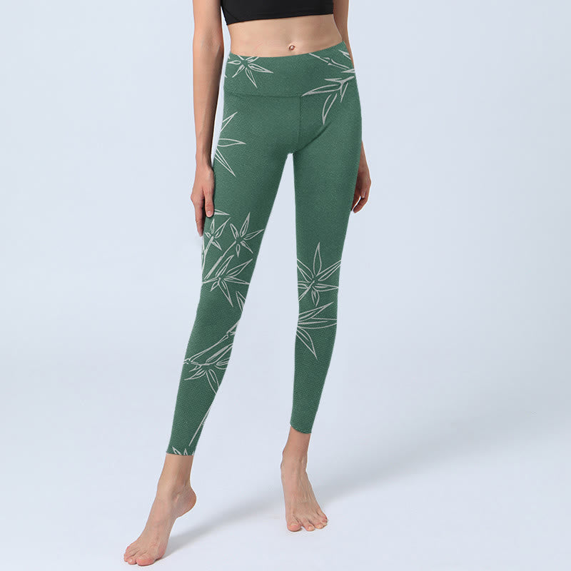 Buddha Stones Green White Bamboo Leaves Print Gym Leggings Women's Yoga Pants