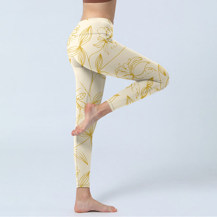 Buddha Stones Beige Flower Vine Print Gym Leggings Women's Yoga Pants - image 3