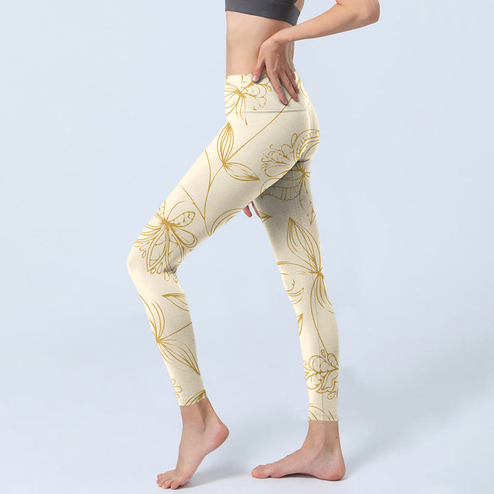 Buddha Stones Beige Flower Vine Print Gym Leggings Women's Yoga Pants