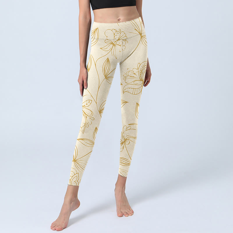 Buddha Stones Beige Flower Vine Print Gym Leggings Women's Yoga Pants - image 5