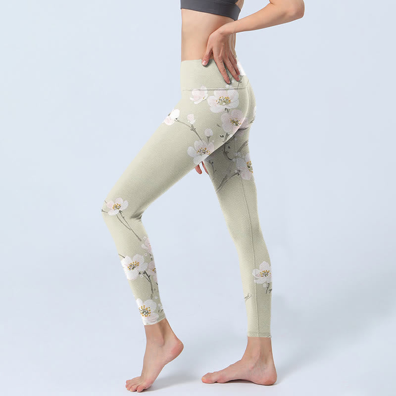 Buddha Stones Beige Plum Blossoms Print Gym Leggings Women's Yoga Pants