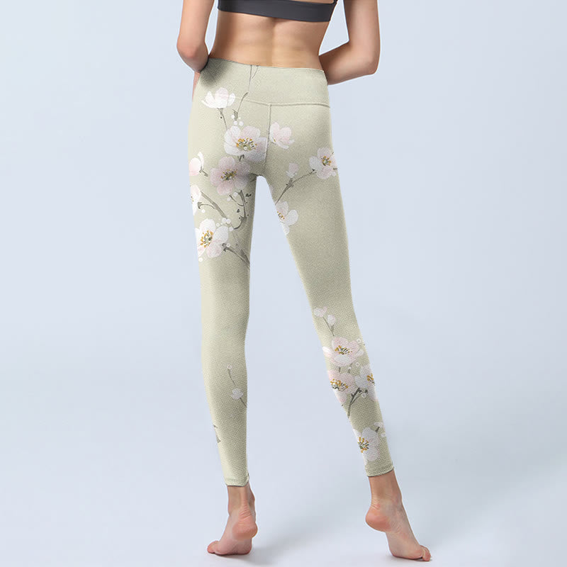 Buddha Stones Beige Plum Blossoms Print Gym Leggings Women's Yoga Pants