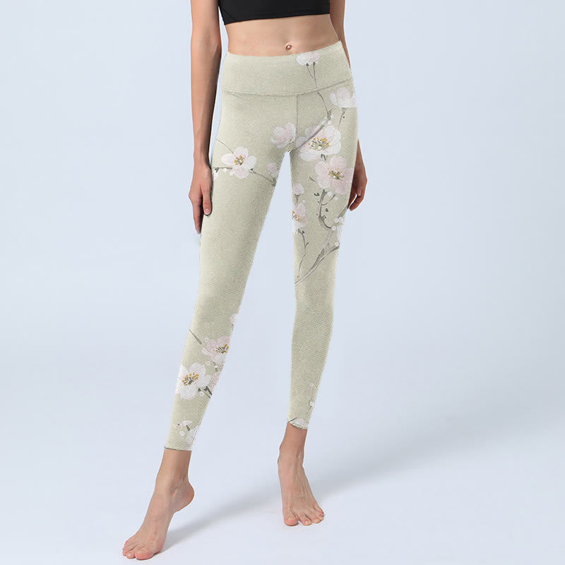 Buddha Stones Beige Plum Blossoms Print Gym Leggings Women's Yoga Pants