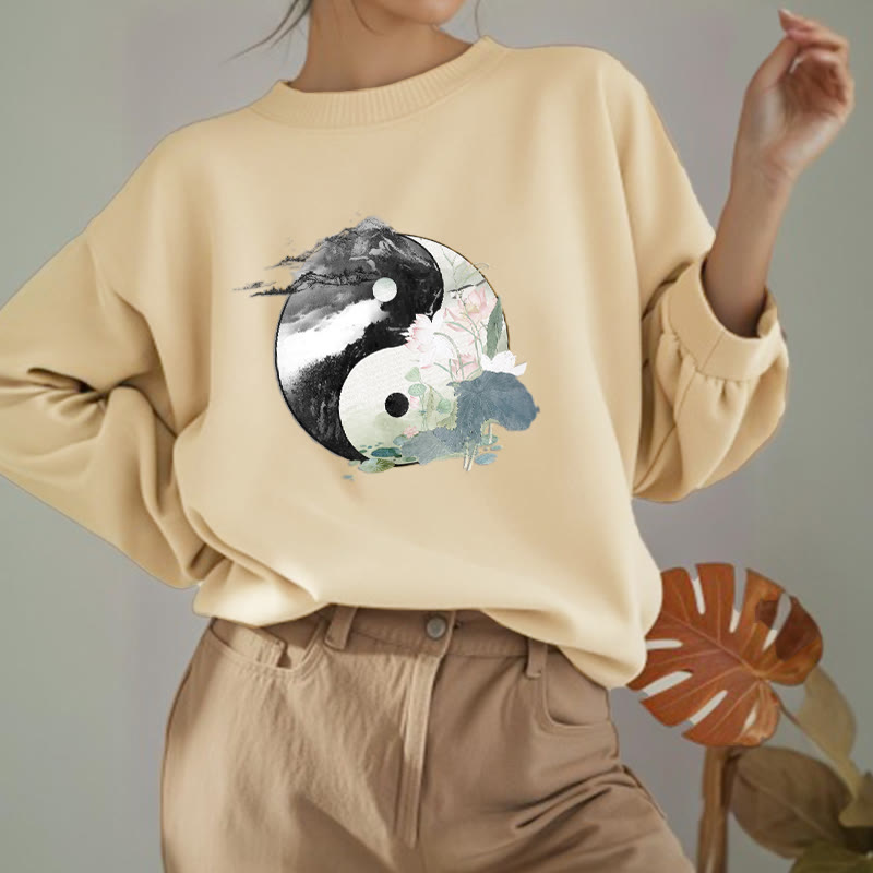 Buddha Stones Yin Yang Lotus Leaf Ink Painting Fleece Lined Polyester Sweatshirt