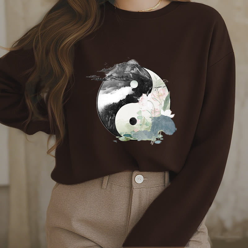 Buddha Stones Yin Yang Lotus Leaf Ink Painting Fleece Lined Polyester Sweatshirt