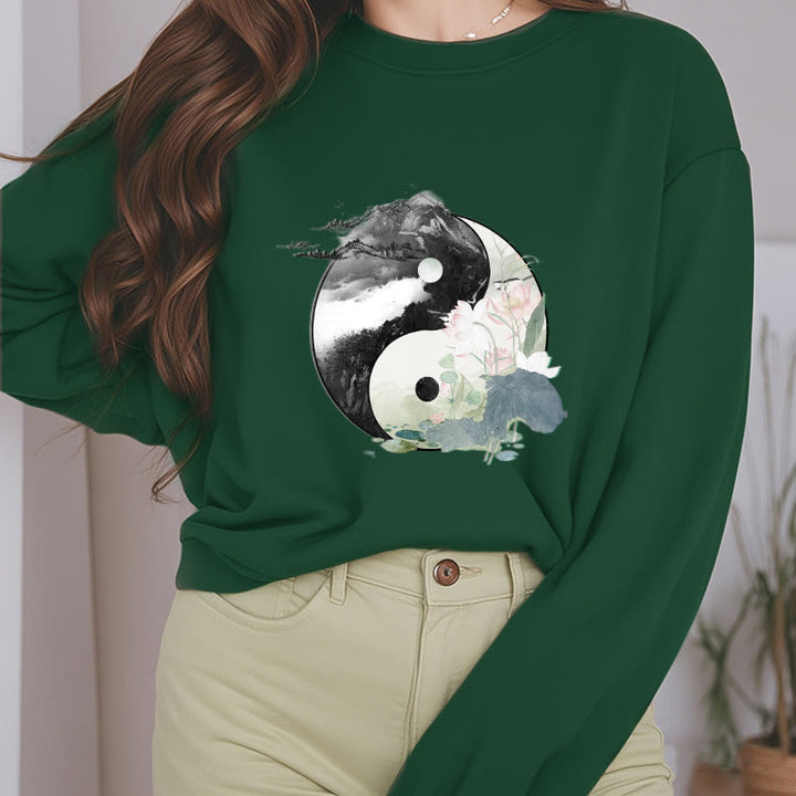 Buddha Stones Yin Yang Lotus Leaf Ink Painting Fleece Lined Polyester Sweatshirt