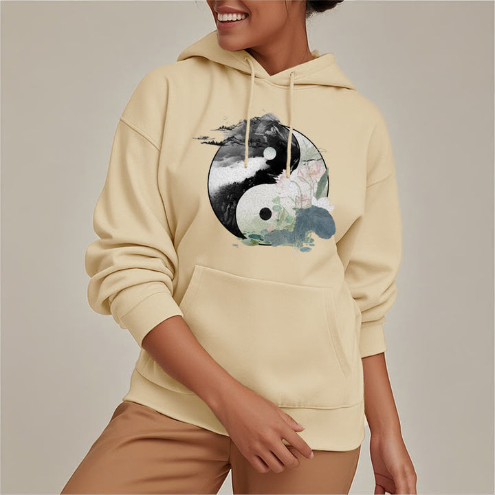 Buddha Stones Yin Yang Lotus Leaf Ink Painting Fleece Lined Hoodie